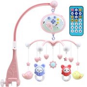 Baby Musical Crib Mobile with Light and Melodies Music Box,Star Projector Function, Remote Control and Hanging Animal Rattles-Pink