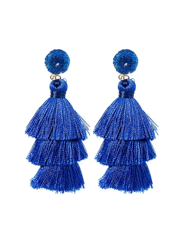 Blue Tassel Earrings for Women | Colorful Layered Tassle 3 Tier Bohemian Earrings | Dangle Drop Earrings for Women Gifts