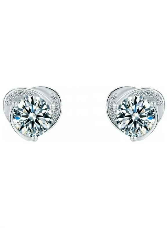 Platinum Plated Sterling Silver Solitaire Moissanite Stud Earrings with Swirl Design (5 MM Round, 1 CT TWT DEW, CERTIFIED)