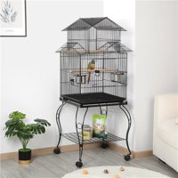 Topeakmart Triple Roof Rolling Bird Cage Large Metal Parrot Cage Pet Cage w/Stand Perch Black