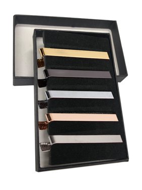 Jacob Alexander 5 Tie Clips Bars Boxed Gift Set Shiny Chrome, Matte Silver, Black, Gold, and Rose Gold - 2 inch length