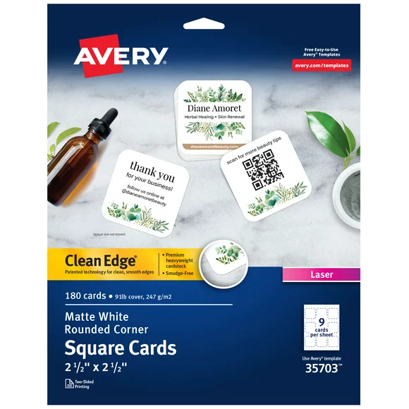 Avery Clean Edge Printable Square Cards, Rounded Corners, 2.5" x 2.5", White, 180 Blank Cards for Laser Printers (35703)