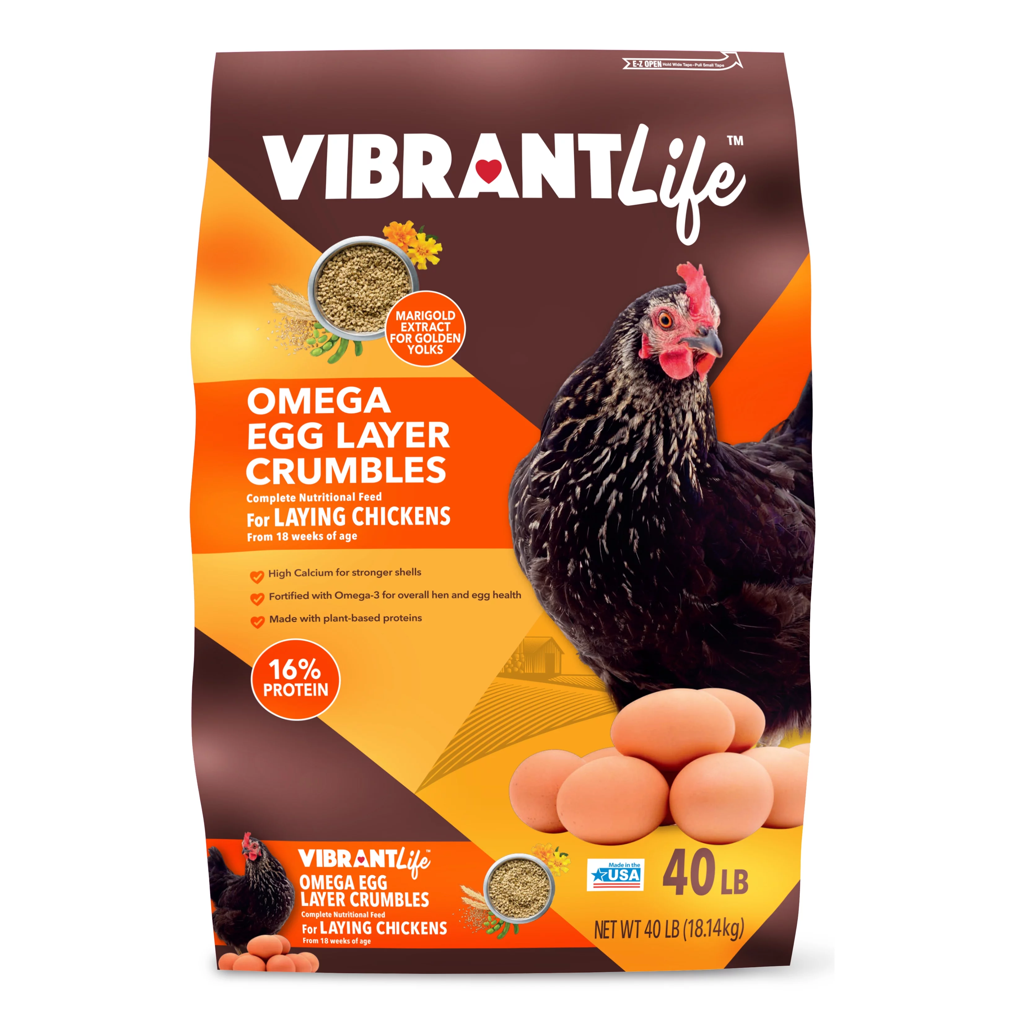 Vibrant Life Omega Egg Layer Crumbles Complete Nutritional Chicken Feed, 40 lb