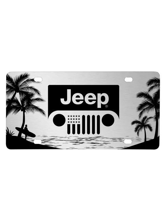 Jeep Grill Logo on Beach Ocean Palm Trees Graphic Silver Aluminum License Plate