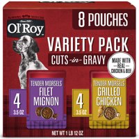 Ol' Roy Cuts in Gravy Wet Dog Food Variety Pack, Tender Morsels Filet Mignon Flavor and Tender Morsels Grilled Chicken Flavor, 3.5 oz, 8 Pack