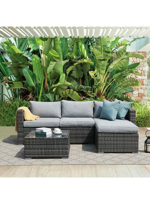 Patiorama 5-Piece Patio Furniture Set, Outdoor Sectional Conversation Set, All-Weather Grey PE Wicker with Light Grey Cushions, Outdoor Backyard Porch Garden Poolside Balcony