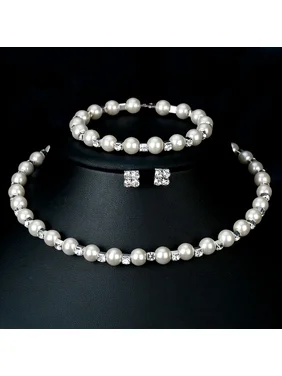 SPRING PARK Women Girls Kids Jewelry Set Gift Faux Pearl Necklace Bracelet & Earrings ring