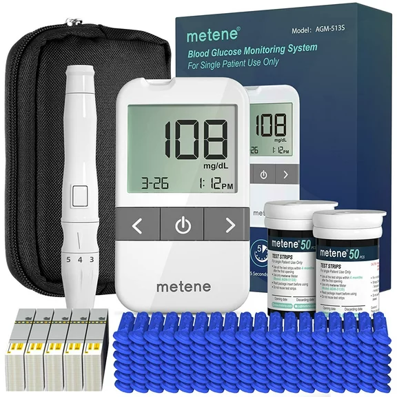 Metene AGM-513S Blood Glucose Monitor Kit, 100 Glucometer Papers, 100 Lancets, Blood Sugar Test Kit with Lancing Device and Carrying Bag, No Coding(Model: AGM-513S)