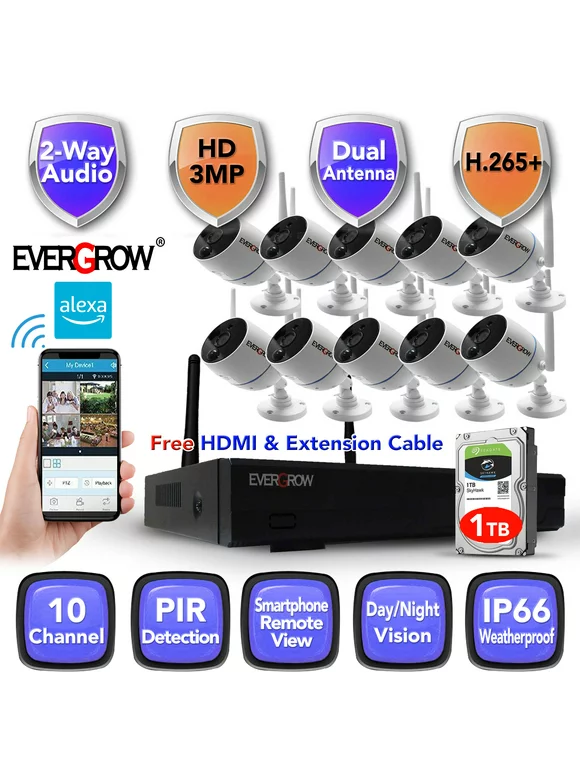 EverGrow 10 Channel Long Range Wifi NVR 10pcs 3MP 1296P SuperHD Wireless Technology  Outdoor Security IP Camera Video Home Surveillance System Two Way Audio (CAM-WIFI-10CH-a-2MP-1)