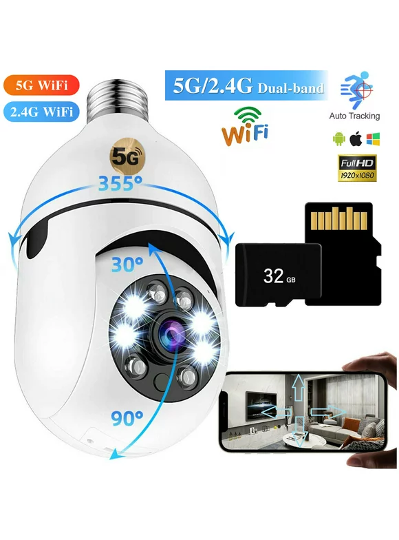 Dazone 5GHz WIFI Light Bulb Camera With 32GB TF Card, 1080P Wireless 360 Degree Panoramic E27/E26 Home Security Surveillance IP Camera CCTV Cam, Night Vision,Two-Way Audio,Motion Detection, 5G&2.4G