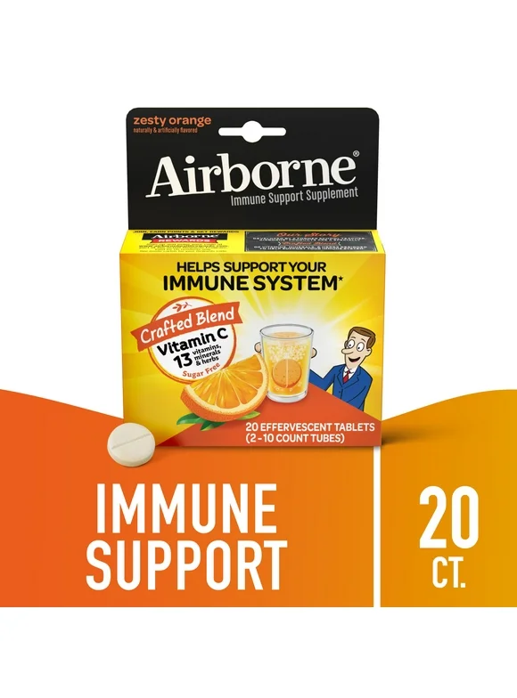 Airborne 1000mg Vitamin C Immune Support Effervescent Tablets, Zesty Orange, 20 Count