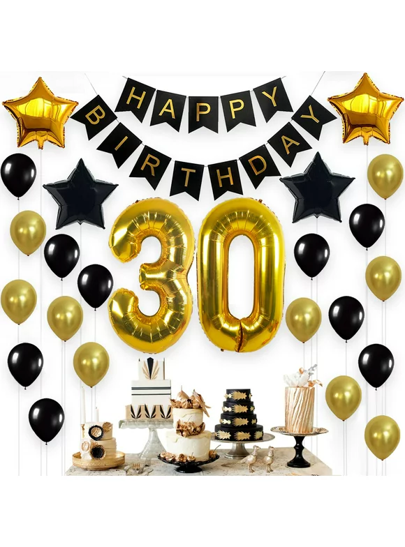 30th Birthday Party Decorations KIT - Happy Birthday Banner, 30th Gold Number Balloons,Gold and Black, Number 30, Perfect 30 Years Old Party Supplies,Free Bday Printable Checklist