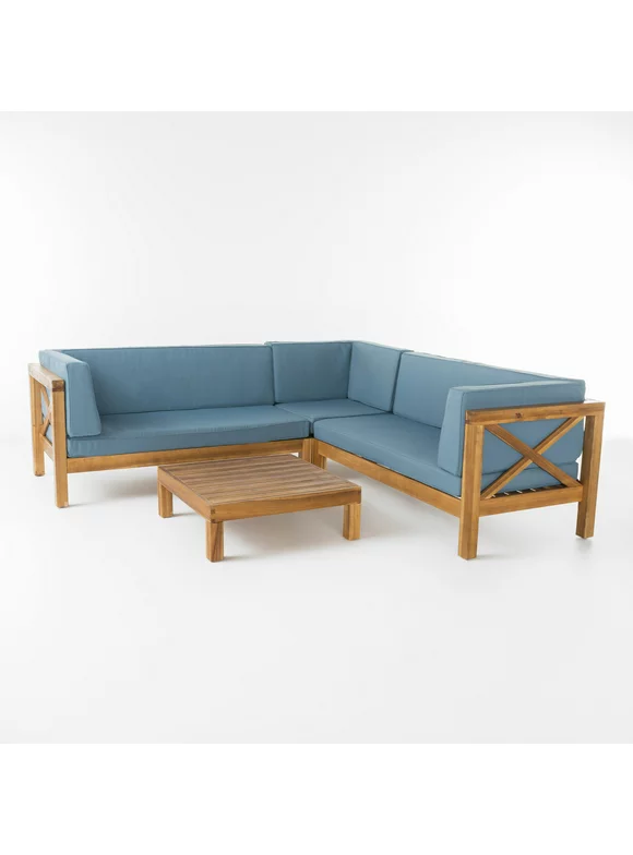 GDF Studio Calle 4 Piece Outdoor Acacia Wood Sectional Set, Teak and Blue