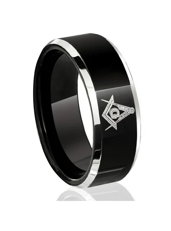 Tungsten Wedding Band Ring Men's Black and Silver Polished Masonic Mason Symbol Knights Templar