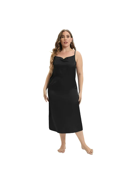 Baywell Women's Plus Size Full Slip Dresses Adjustable Spaghetti Strap Under Dresses Long Nightgown V-Neck Cami Dress Black XL-4XL