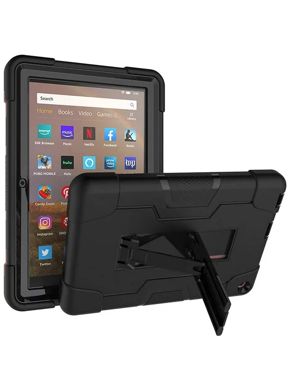 GoldCherry for Amazon Fire HD 8 2020 Case,Shockproof Dropproof Build-in Kickstand Full Body Protective Case for Amazon Fire HD 8 2020 and Fire HD 8 Plus(10th Gen,2020 Release)(Black/Black)