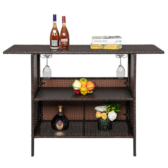 UBesGoo Outdoor Patio Rattan Wicker Bar Counter Table with 2 Storage Shelves, Patio Furniture Wicker Bar  Buffet Table, Brown