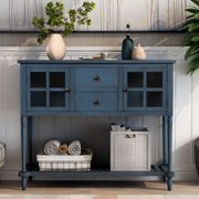 Clearance! Sideboard Console Table with 2 Drawers and Glass Cabinet, SEGMART Retro Farmhouse Wood Tall Console Table with Bottom Shelf and Wood Frame Legs for Entryway, 114lbs, Antique Navy, S529