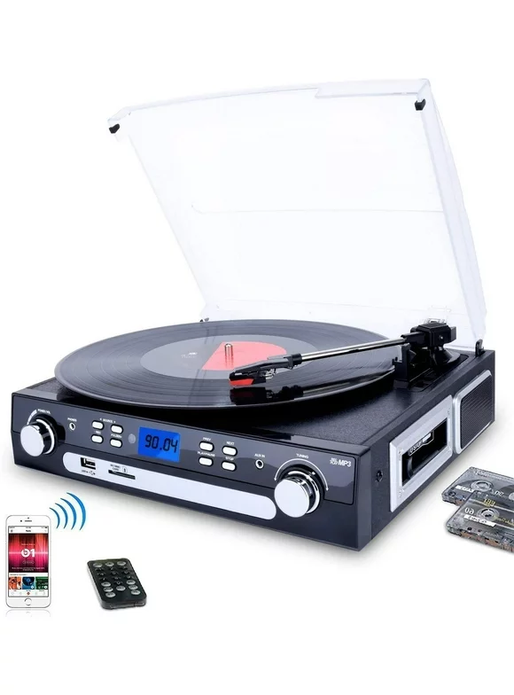 DIGITNOW Vinyl/LP Turntable Record Player, with Bluetooth, AM&FM Radio, Cassette Tape, Aux in, SD Encoding & Playing MP3/ Built-in Stereo Speakers, 3.5mm Headphone Jack, Remote and LCD