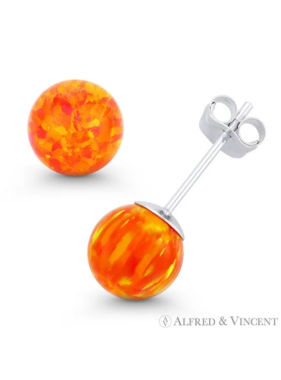 Fiery Orange & Red Lab Opal Ball Butterfly-Pushback Stud Earrings in 14k White Gold