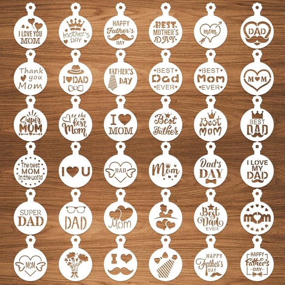 Mother's Day Father's Day Cookie Stencils for Royal Icing, I Love Mom Dad Coffee Cupcake Baking Decorating Stencils for Cookies Baking Drawing Painting Dessert Decoration 2.8x3.7 in