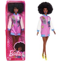 Barbie Fashionistas Doll #156 with Brunette Afro & Blue Lips Wearing Graphic Coat Dress & Yellow Shoes, Toy for Kids 3 to 8 Years Old