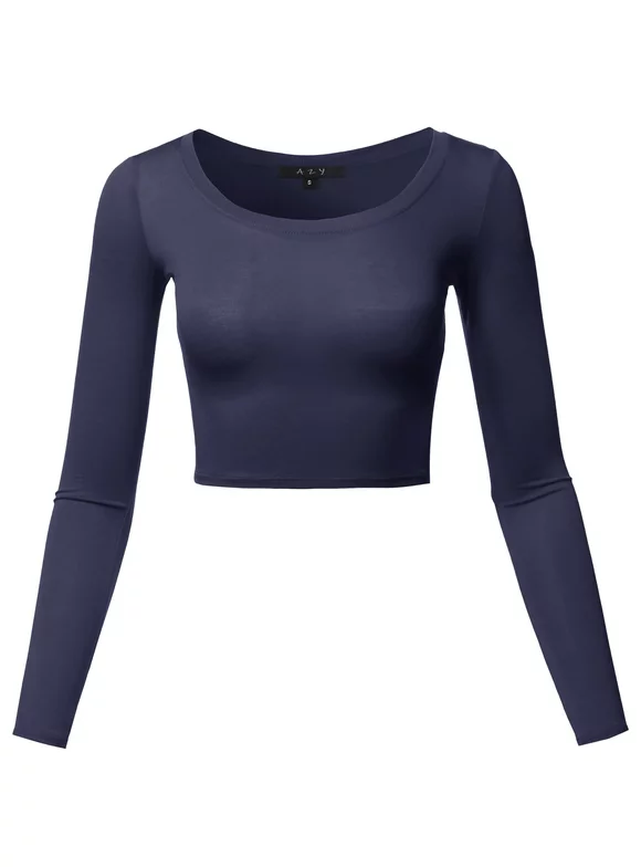 A2Y Women's Basic Solid Stretchable Scoop Neck Long Sleeve Crop Top Navy L