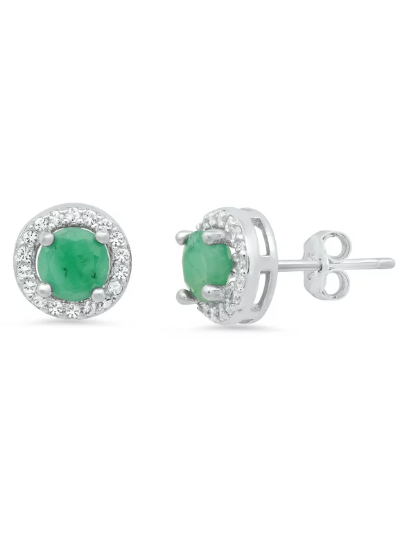 Sterling Silver Round Shape Genuine Emerald with White Topaz Halo Stud Earrings