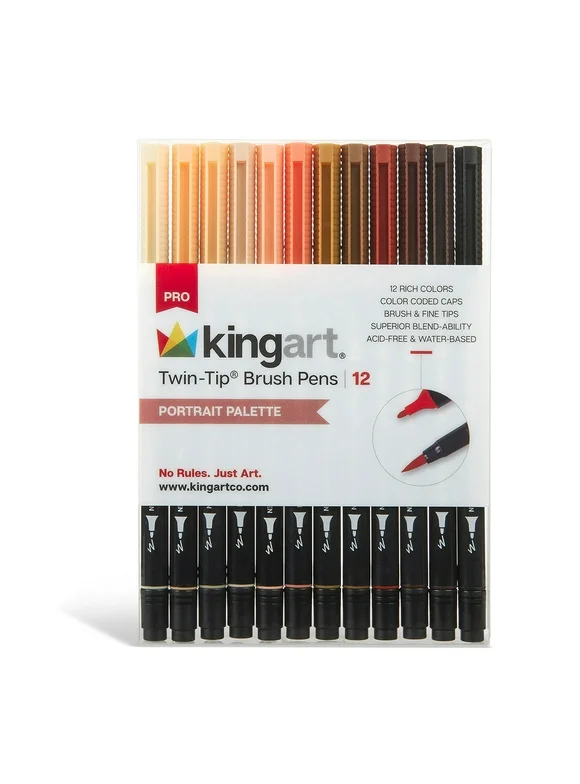 KINGART PRO Twin-Tip 445 Series Brush Pen Art Markers,  PORTRAIT Collection, Set of 12 Unique & Vivid Colors