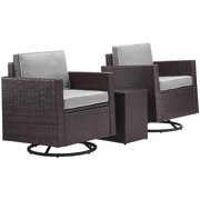 PALM HARBOR 3-PIECE OUTDOOR WICKER CONVERSATION SET WITH GREY CUSHIONS -- TWO SWIVEL CHAIRS & SIDE TABLE