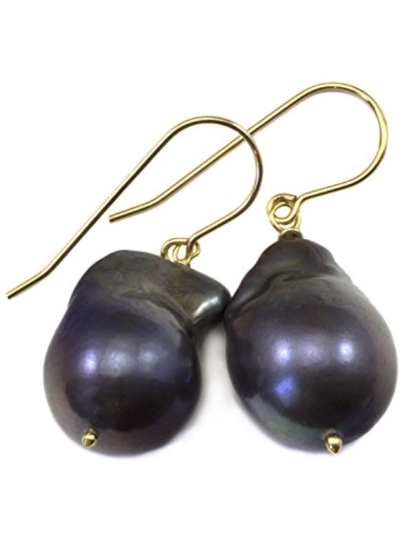 14k Gold Filled Freshwater Cultured Baroque Pearl Earrings Peacock Black Large Drops Over 15mm Designed for Adult Women and Teen Girls
