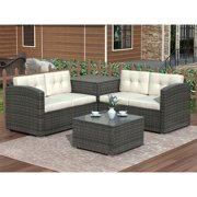 4-Piece Rattan Patio Furniture Sets, Wicker Bistro Patio Set with Ottoman, Glass Coffee Table, Outdoor Cushioned PE Rattan Wicker Sectional Sofa Set, Dining Table Sets for Backyard, Q10342