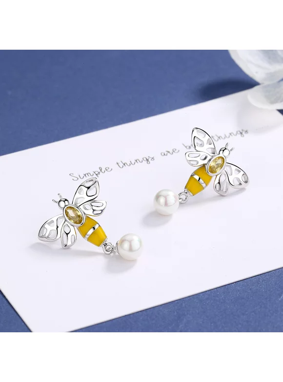 Sterling Silver Crystal Pearl Bee Drop Earrings With Swarovski Pearl and Crystals