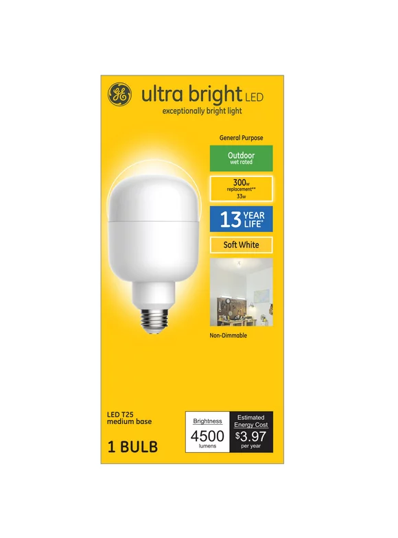GE Ultra Bright LED Light Bulb, 300 Watt Eqv, Soft White, T25 Outdoor Bulb, 13 year