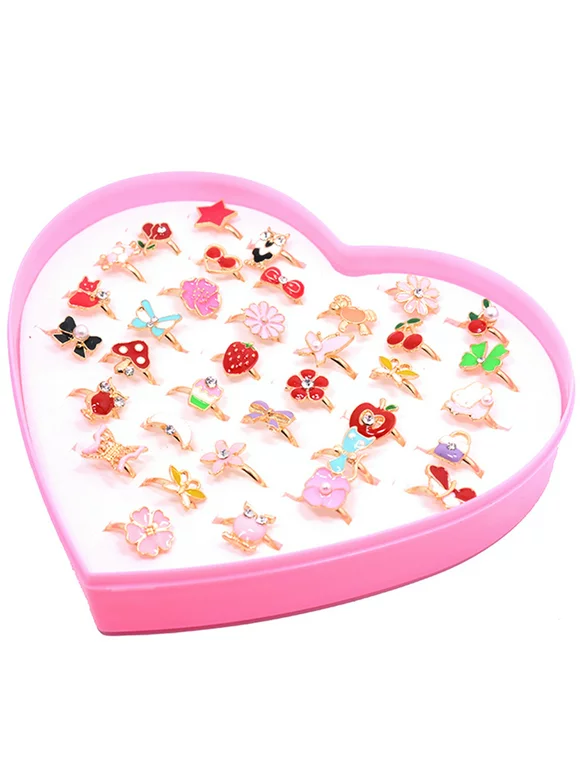10pcs Children Kids Girls Cute Cartoon Diamond Ring Set Alloy With Love Gift Box