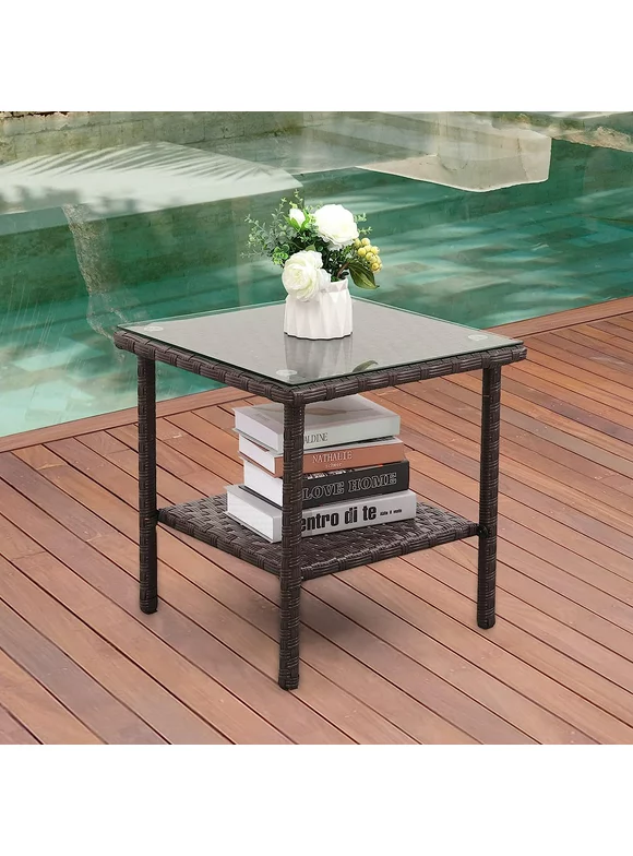 Patio PE Wicker Side Table Outdoor Resin Rattan Glass Top Square End Table with Two Shelves, Brown
