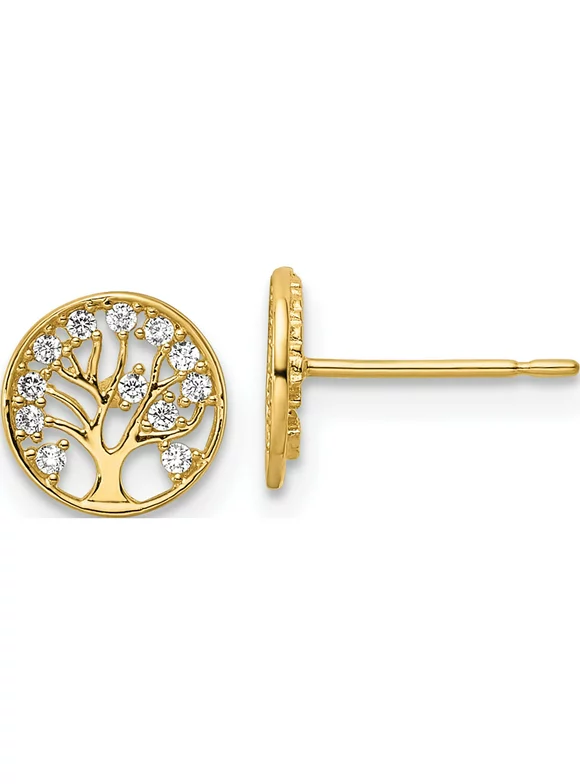 14K Yellow Gold Cz Tree Of Life Post Earrings (7.5 X 7.5) Made In Vietnam ye2094
