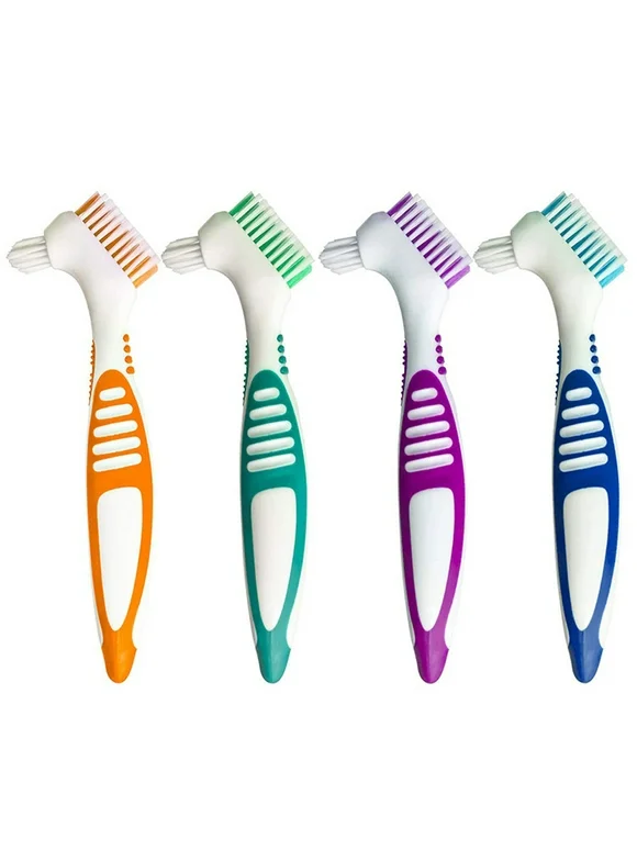 Toothbrush 4 Pcs Double Bristle Head Denture Brush Set, Portable Ergonomic Denture Cleaning Brush Multi-Layered Bristles False Teeth Brush for Denture Care