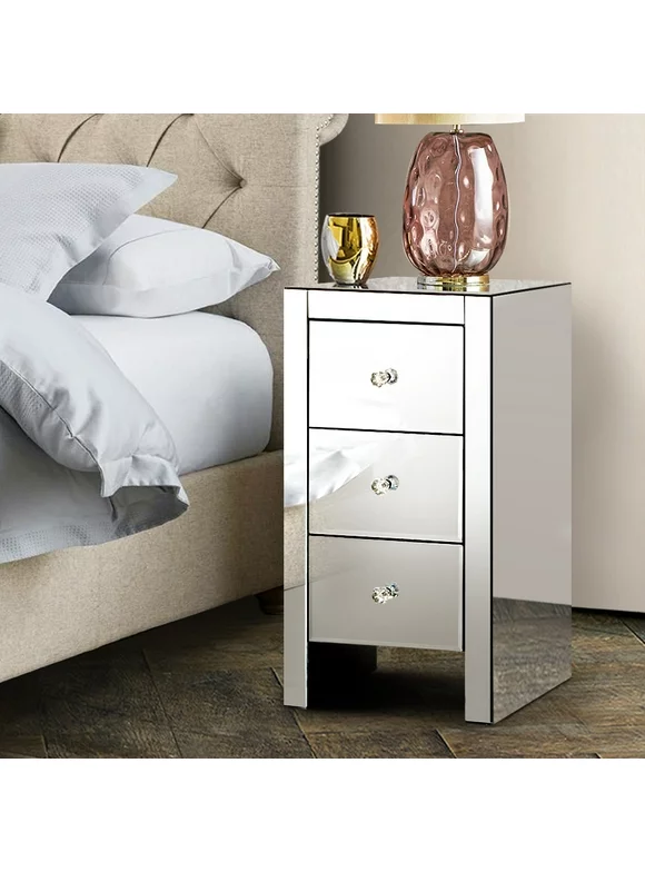 Zimtown 3-Drawer Mirrored Nightstand End Tables Bedside Table for Bedroom, Living Room, Silver