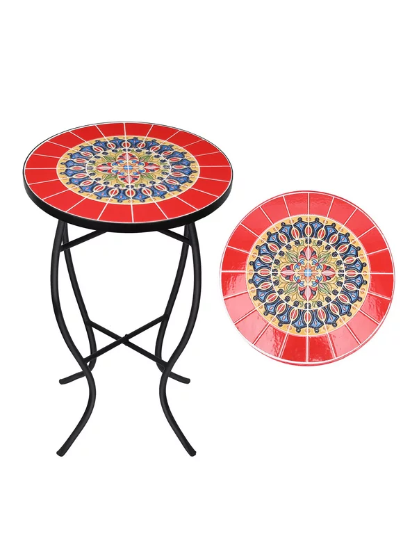 Mosaic Side Table - Small Patio Outdoor Table Indoor Folding Round End Table with Plant Stand