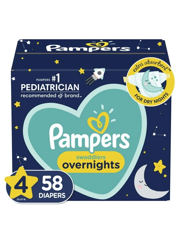 Pampers Swaddlers Overnight Diapers Size 4, 58 Count (Choose Your Size & Count)