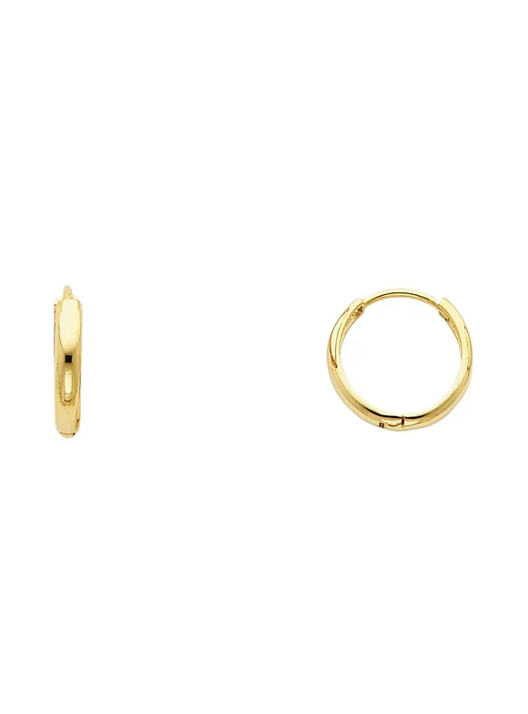 14k Yellow Gold 2mm Thick Plain Huggies Earrings Small Round Hoop Earrings (13mm Diameter)