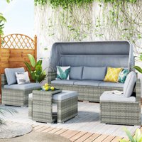 5 Piece Outdoor Daybed, PE Rattan Patio Daybed, Patio Sofa Set with Retractable Canopy, Cushions and Tempered Glass Side Table, Patio Bed Furniture for Garden, Backyard, Patio, Pool, Deck, Gray, K4028