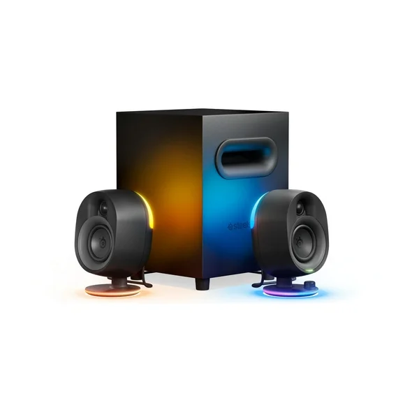 SteelSeries Arena 7 Illuminated 2.1 Gaming Speakers  2-Way Speaker Design  Powerful Bass, Subwoofer  Reactive RGB Lighting  USB, Aux, Optical, Wired  Bluetooth  PC, PlayStation, Mobile, Mac