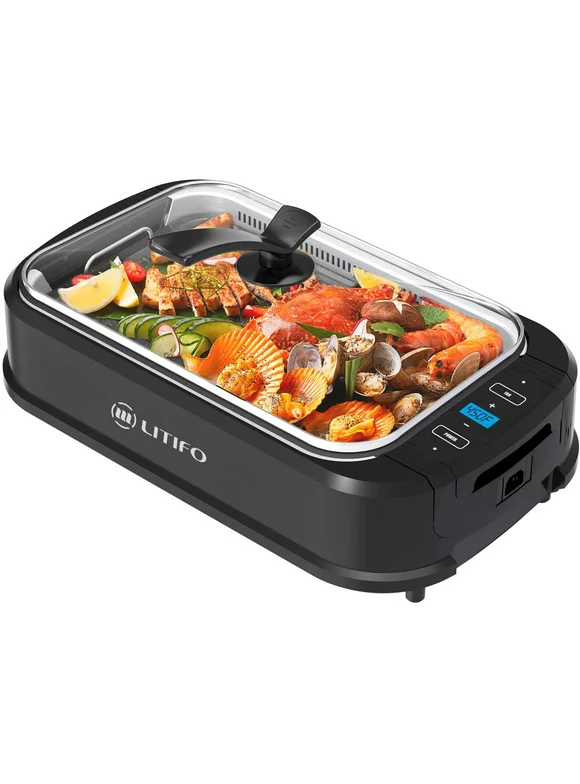Litifo Smokeless Grill, Portable Electric Grill with Non-Stick Coating, Removable Dishwasher-Safe Plate, Tempered Glass Lid, Up to 460º