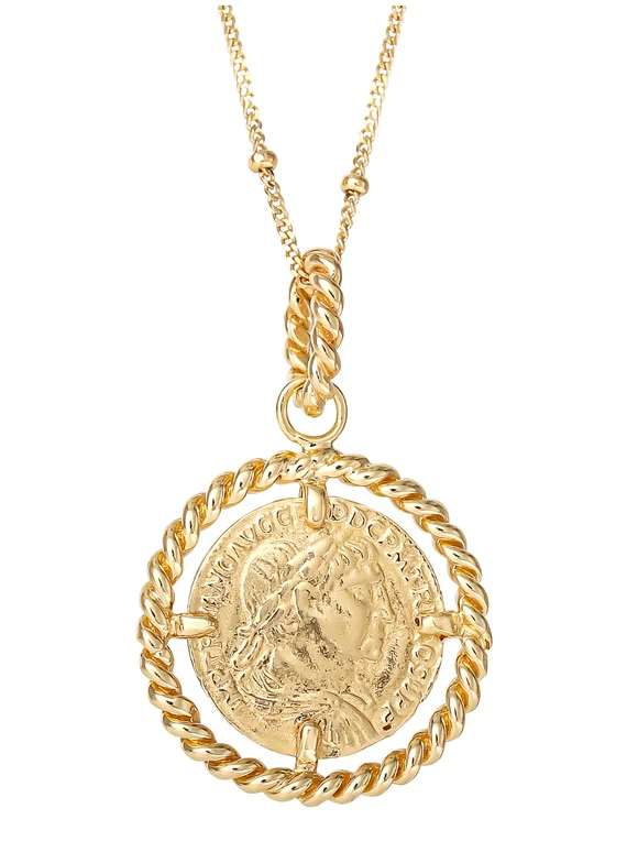 JS Jessica Simpson Womens Gold Plated Sterling Silver Coin Pendant, 18 Beaded Chain