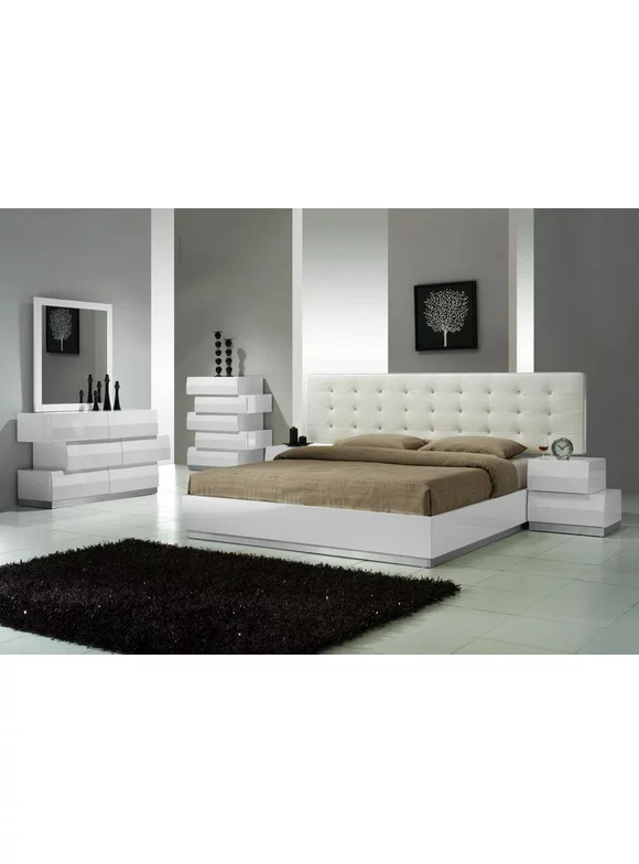 White Lacquer High-gloss Platform Queen Bedroom Set 5Pcs J&M Milan Contemporary