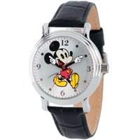 Mickey Mouse Women's Shinny Silver Vintage Articulating Alloy Case Watch, Black Leather Strap