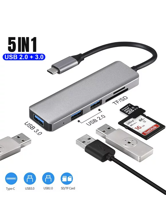 USB C Hub, 5 in 1 Type C Adapter Hub with 3 USB 3.0 Ports & SD/TF Card Reader Compatible for New MacBook Pro/Air, ChromeBook,Surface, Samsung S9/S8 and More