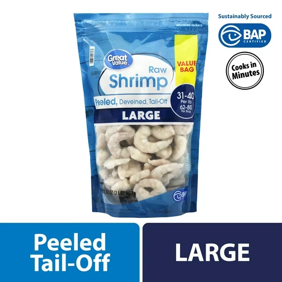 Great Value Frozen Raw Large Peeled & Deveined, Tail-off Shrimp, 2 lb (31-40 Count per lb)